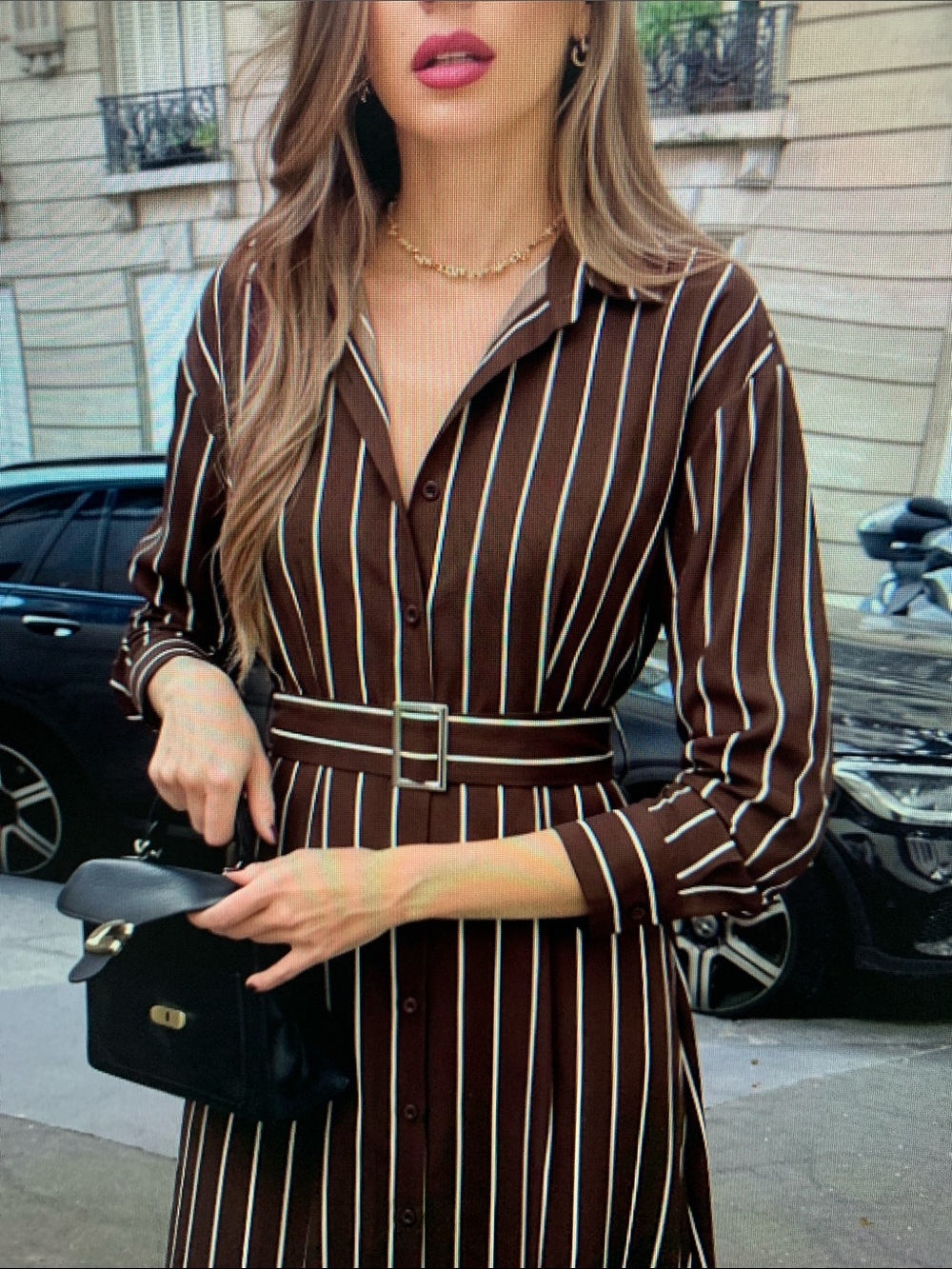 Striped Brown Belted Shirt Dress - Women - Picture 4 of 4
